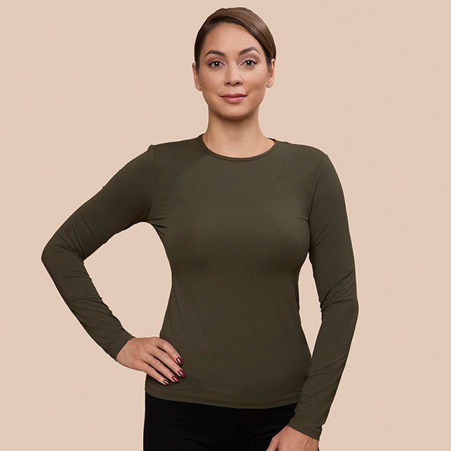 Luxury Layering Top Essentials - Adea - Everyday Luxury. Long Sleeve Crew Neck Layering Top in Olive, Front View.