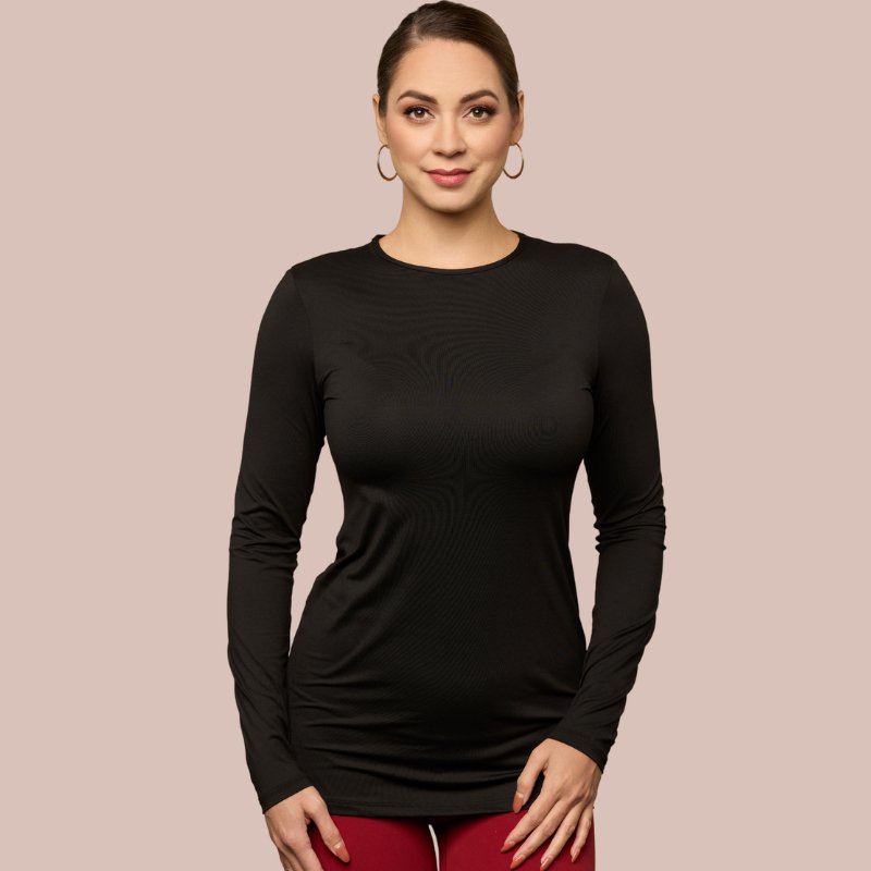 Long Sleeve Crew Neck Tunic Luxury Layering Top in Black, Front View - Adea - Everyday Luxury