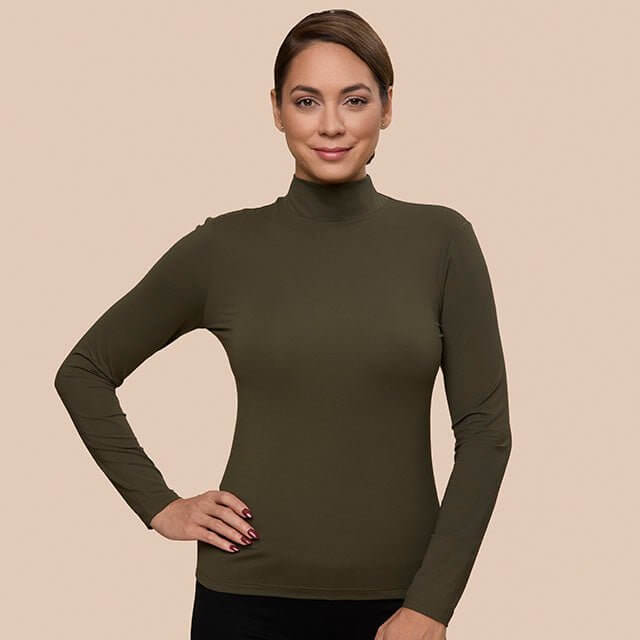 Luxury Layering Tops or Shells made sustainably in the USA by Adea Clothing with silky soft Italian fabric in Olive front view.