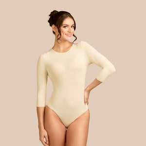 3/4 Sleeve Crew Neck Luxury Bodysuit in Off-White made sustainably in the USA by Adea Clothing with silky soft Italian fabric front view.