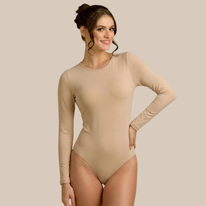 3/4 Sleeve Crew Neck Luxury Bodysuit in Ballet  made sustainably in the USA by Adea Clothing with silky soft Italian fabric front view.