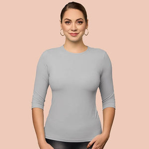 3/4 Sleeve Crew Neck Luxury Layering Top or Shell in Light Grey made sustainably in the USA by Adea Clothing with silky soft Italian fabric  front view.