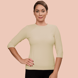3/4 Sleeve Crew Neck Luxury Layering Top or Shell in Khaki made sustainably in the USA by Adea Clothing with silky soft Italian fabric  front view.
