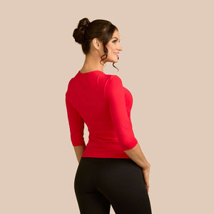 3/4 Sleeve Crew Neck Luxury Layering Top or Shell in Bright Red made sustainably in the USA by Adea Clothing with silky soft Italian fabric back view.