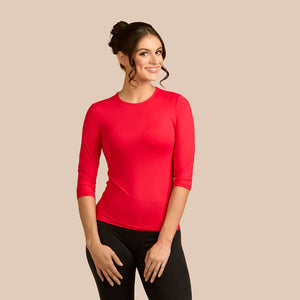 3/4 Sleeve Crew Neck Luxury Layering Top or Shell in Bright Red made sustainably in the USA by Adea Clothing with silky soft Italian fabric front view.