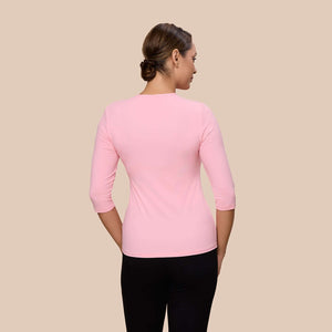 3/4 Sleeve Crew Neck Luxury Layering Top or Shell in Pretty Pink made sustainably in the USA by Adea Clothing with silky soft Italian fabric back view.