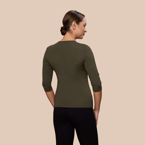 3/4 Sleeve Crew Neck Luxury Layering Top or Shell in Olive made sustainably in the USA by Adea Clothing with silky soft Italian fabric back view.