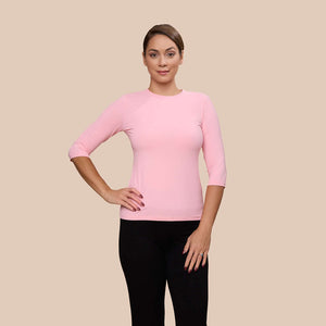 3/4 Sleeve Crew Neck Luxury Layering Top or Shell in Pretty Pink made sustainably in the USA by Adea Clothing with silky soft Italian fabric front view.