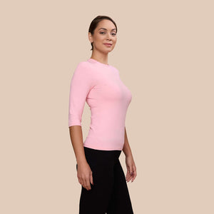 3/4 Sleeve Crew Neck Luxury Layering Top or Shell in Pretty Pink made sustainably in the USA by Adea Clothing with silky soft Italian fabric side view.
