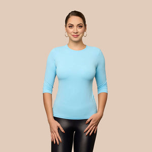 3/4 Sleeve Crew Neck Luxury Layering Top or Shell in Sky Blue made sustainably in the USA by Adea Clothing with silky soft Italian fabric  front view.