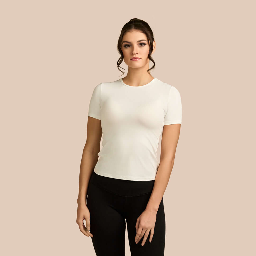 Short Sleeve Crew Neck Luxury Layering Top or Shell in Off-White made sustainably in the USA by Adea Clothing with silky soft Italian fabric front view