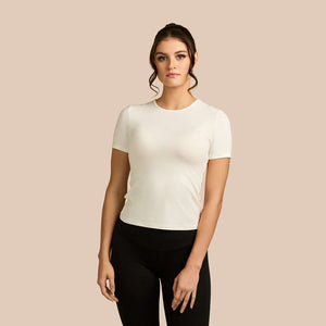 Short Sleeve Crew Neck Luxury Layering Top or Shell in Off-White made sustainably in the USA by Adea Clothing with silky soft Italian fabric front view