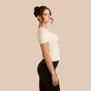 Short Sleeve Crew Neck Luxury Layering Top or Shell in Off-White made sustainably in the USA by Adea Clothing with silky soft Italian fabric side view.