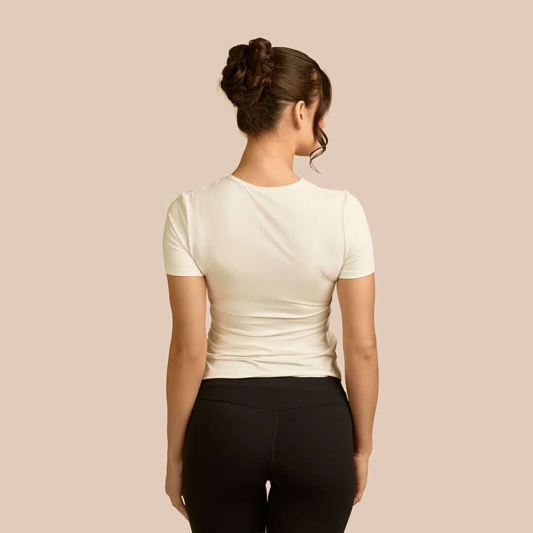 Short Sleeve Crew Neck Luxury Layering Top or Shell in Off-White made sustainably in the USA by Adea Clothing with silky soft Italian fabric back view.
