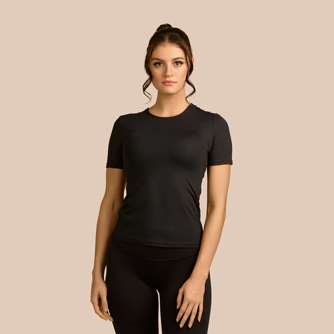 Short Sleeve Crew Neck Luxury Layering Top or Shell in Balck made sustainably in the USA by Adea Clothing with silky soft Italian fabric front view
