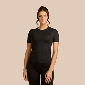 Short Sleeve Crew Neck Luxury Layering Top or Shell in Balck made sustainably in the USA by Adea Clothing with silky soft Italian fabric front view