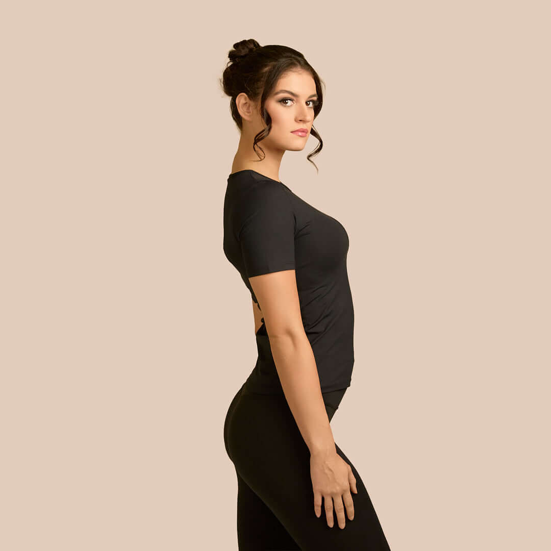 Short Sleeve Crew Neck Luxury Layering Top or Shell in Black made sustainably in the USA by Adea Clothing with silky soft Italian fabric side view.