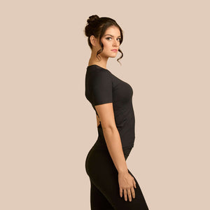 Short Sleeve Crew Neck Luxury Layering Top or Shell in Black made sustainably in the USA by Adea Clothing with silky soft Italian fabric side view.