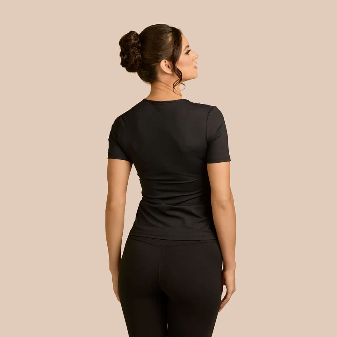 Short Sleeve Crew Neck Luxury Layering Top or Shell in Black made sustainably in the USA by Adea Clothing with silky soft Italian fabric back view.