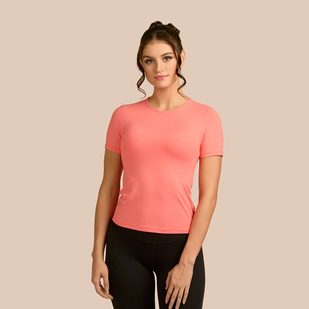 Short Sleeve Crew Neck Luxury Layering Top or Shell in Apricot made sustainably in the USA by Adea Clothing with silky soft Italian fabric front view.