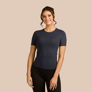 Short Sleeve Crew Neck Luxury Layering Top or Shell in Dark Navy made sustainably in the USA by Adea Clothing with silky soft Italian fabric front view.