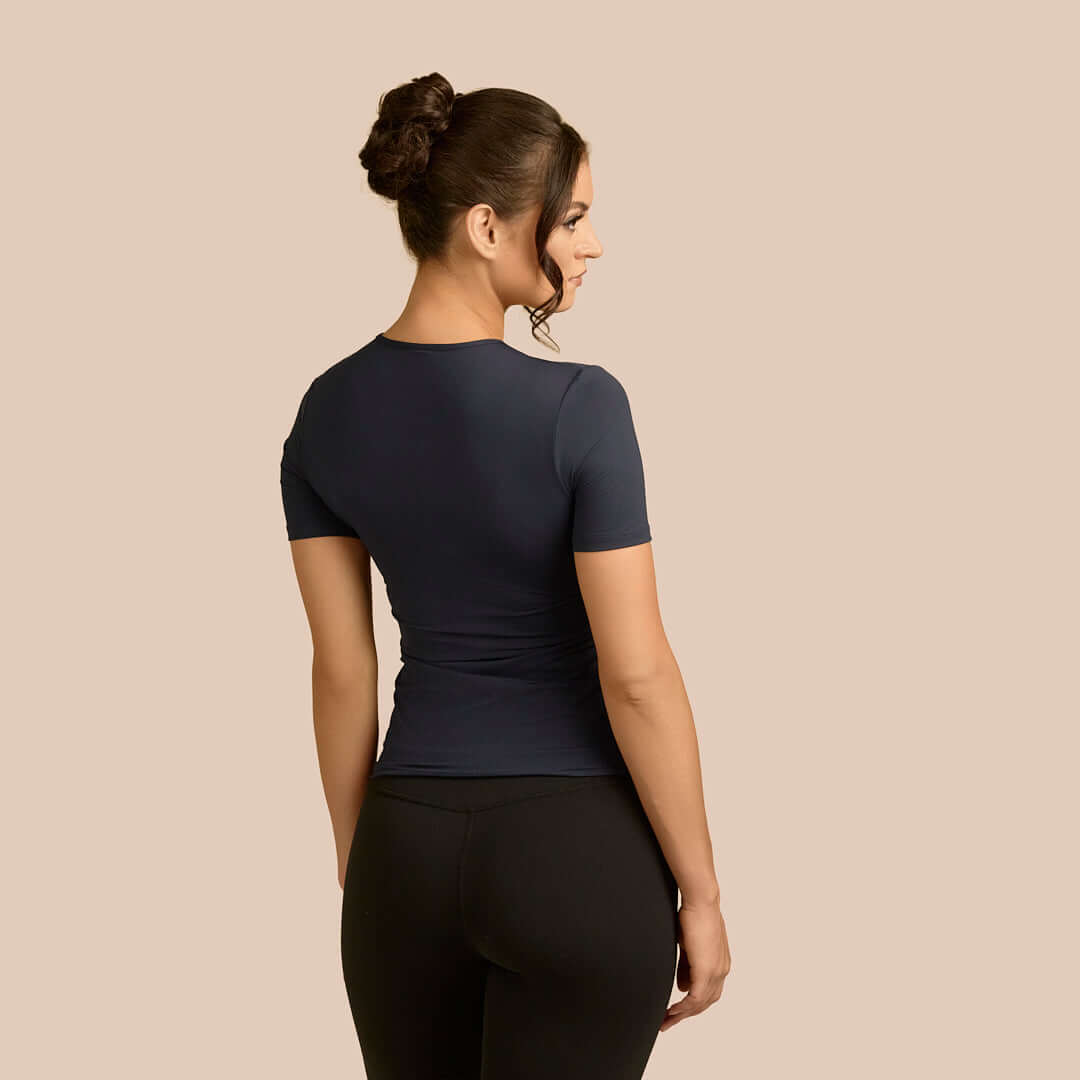 Short Sleeve Crew Neck Luxury Layering Top or Shell in Dark Navy made sustainably in the USA by Adea Clothing with silky soft Italian fabric back view.