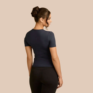 Short Sleeve Crew Neck Luxury Layering Top or Shell in Dark Navy made sustainably in the USA by Adea Clothing with silky soft Italian fabric back view.