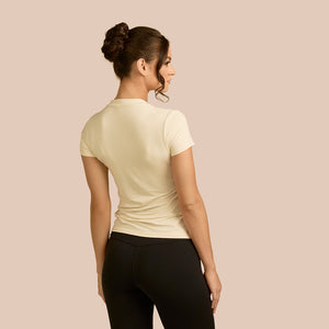 Cap Sleeve V-Neck Luxury Layering Top in Off-White made sustainably in the USA by Adea Clothing with silky soft Italian fabric Back view.