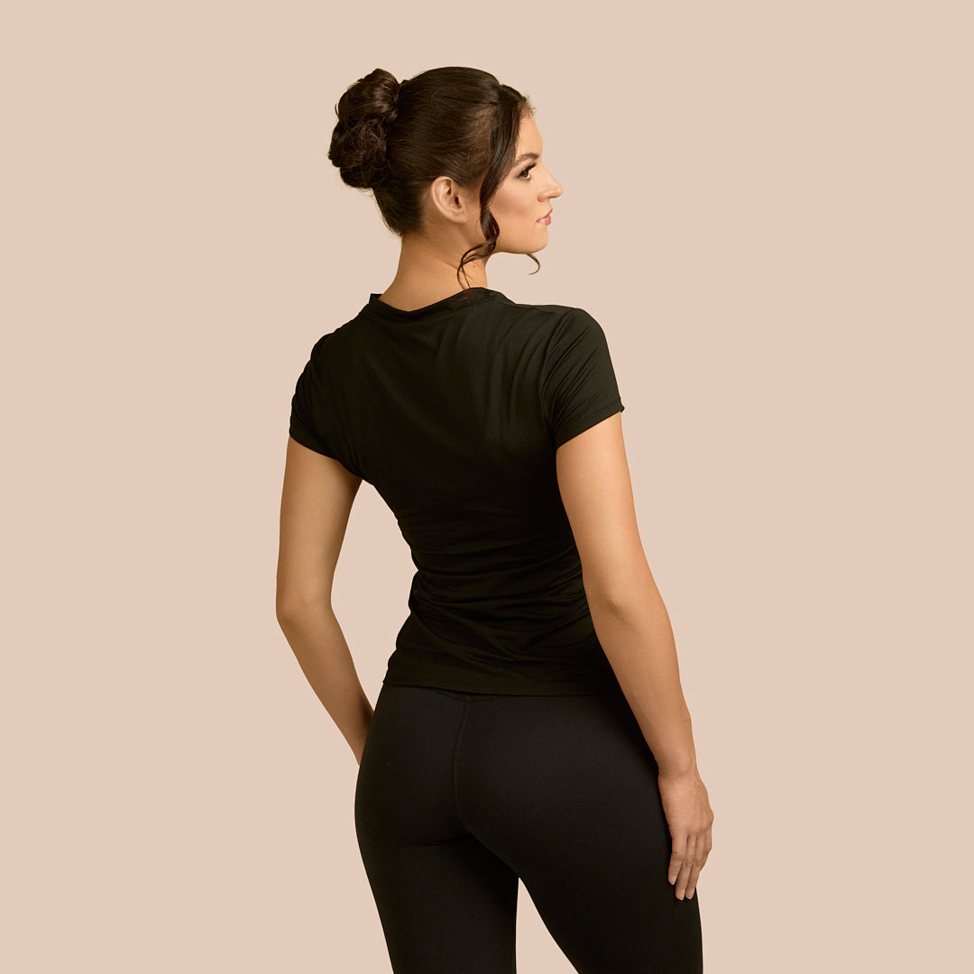Cap Sleeve V-Neck Luxury Layering Top in Black made sustainably in the USA by Adea Clothing with silky soft Italian fabric back view.