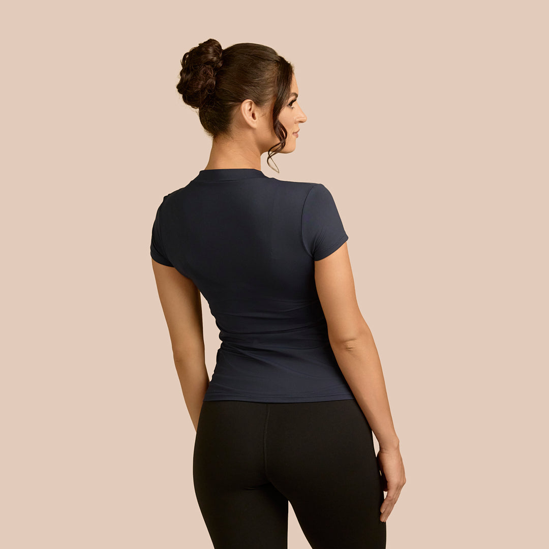 Cap Sleeve V-Neck Luxury Layering Top in Dark Navy made sustainably in the USA by Adea Clothing with silky soft Italian fabric back view.