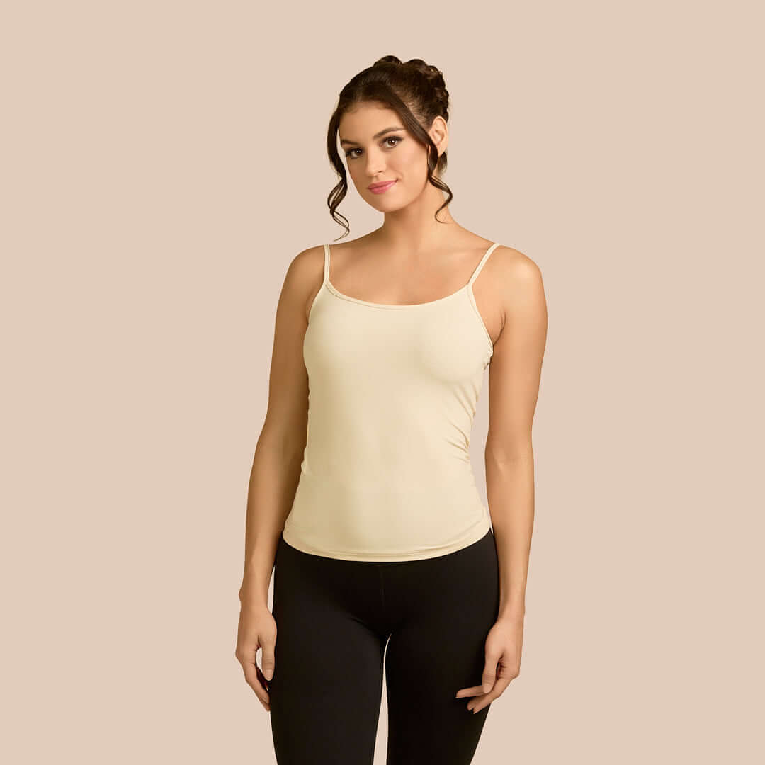 Spaghetti Strap Luxury Camisole in Off-White made sustainably in the USA by Adea Clothing with silky soft Italian fabric front view.