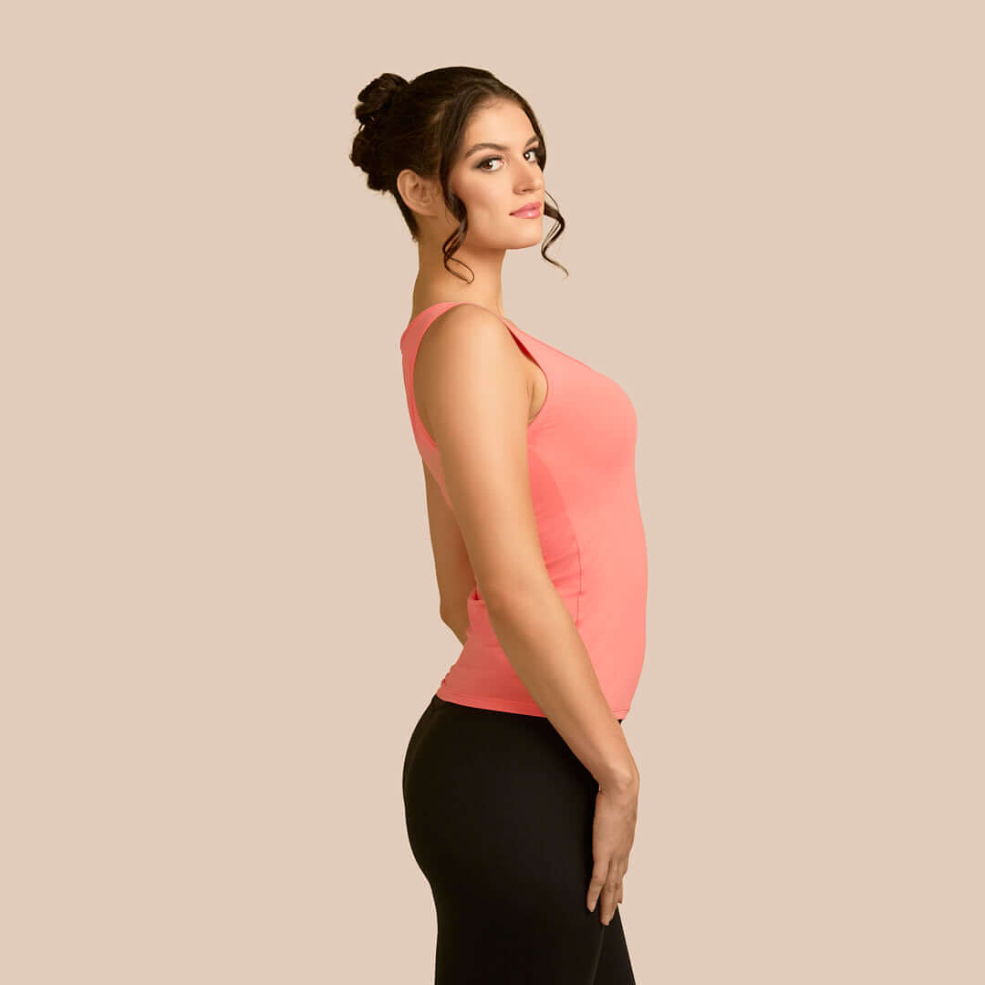 Bra-Friendly Luxury Camisole (Tank Top) in Apricot made sustainably in the USA by Adea Clothing with silky soft Italian fabric side view.