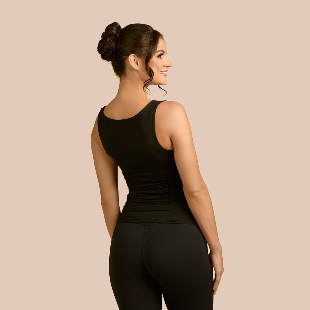 Double Layer Luxury Tank Top in Black made sustainably in the USA by Adea Clothing with silky soft Italian fabric back view.