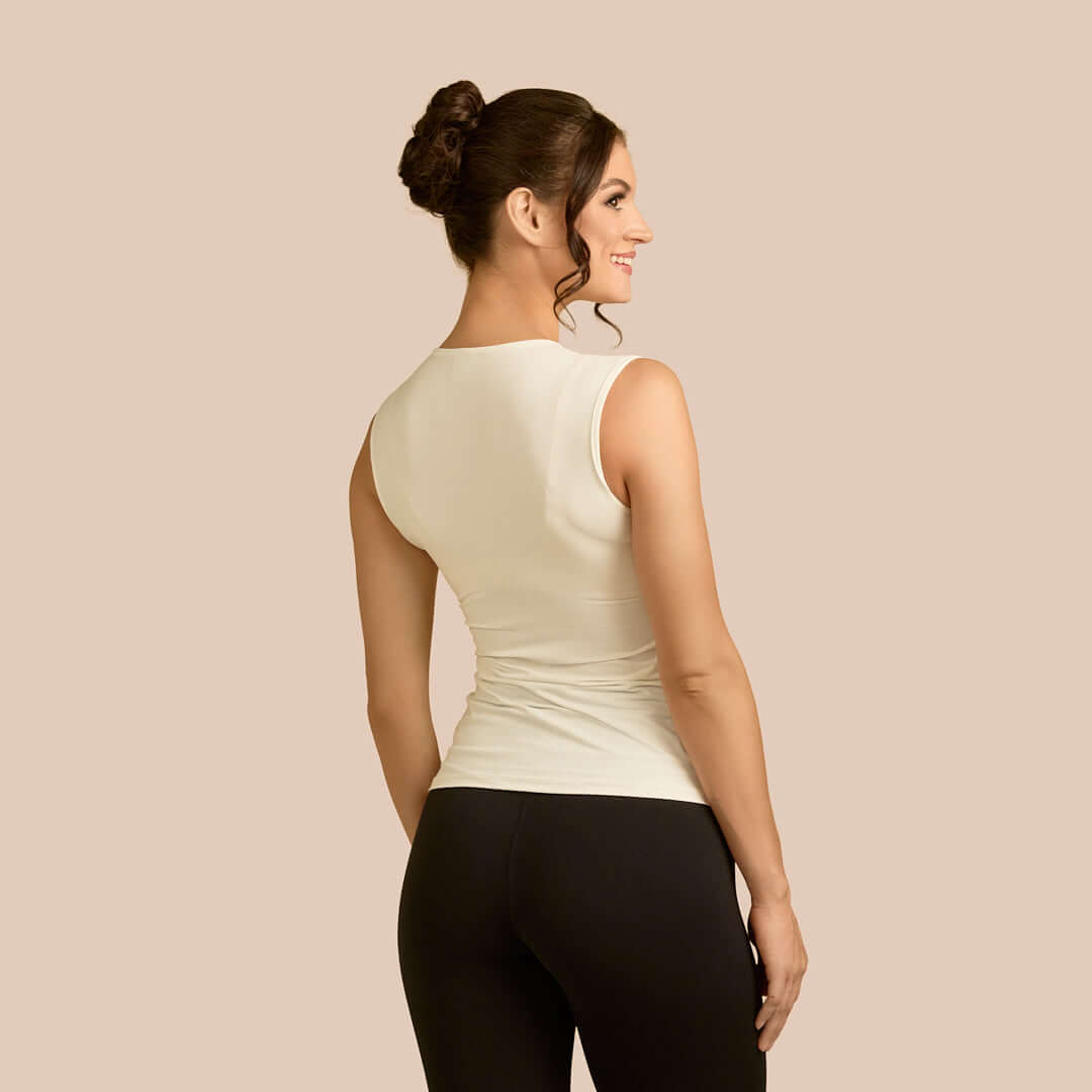 Sleeveless Crew Neck Luxury Layering Top or Shell in Off-White made sustainably in the USA by Adea Clothing with silky soft Italian fabric back view.