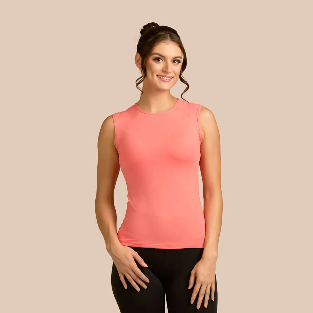 Sleeveless Crew Neck Luxury Layering Top or Shell in Apricot made sustainably in the USA by Adea Clothing with silky soft Italian fabric front view.
