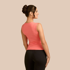 Sleeveless Crew Neck Luxury Layering Top or Shell in Apricot made sustainably in the USA by Adea Clothing with silky soft Italian fabric back view.