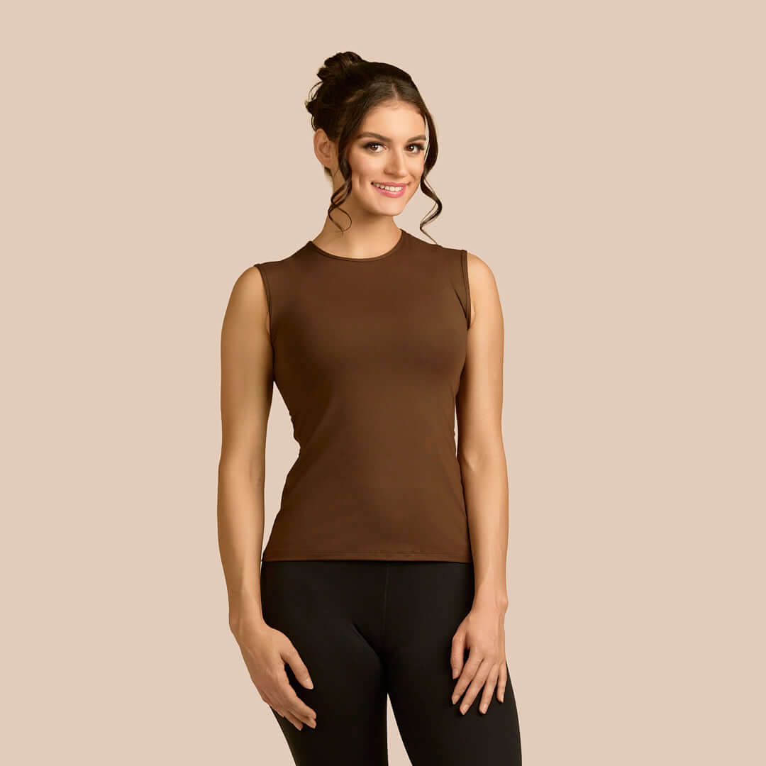 Sleeveless Crew Neck Luxury Layering Top or Shell in Chocolate made sustainably in the USA by Adea Clothing with silky soft Italian fabric front view.
