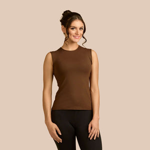 Sleeveless Crew Neck Luxury Layering Top or Shell in Chocolate made sustainably in the USA by Adea Clothing with silky soft Italian fabric front view.