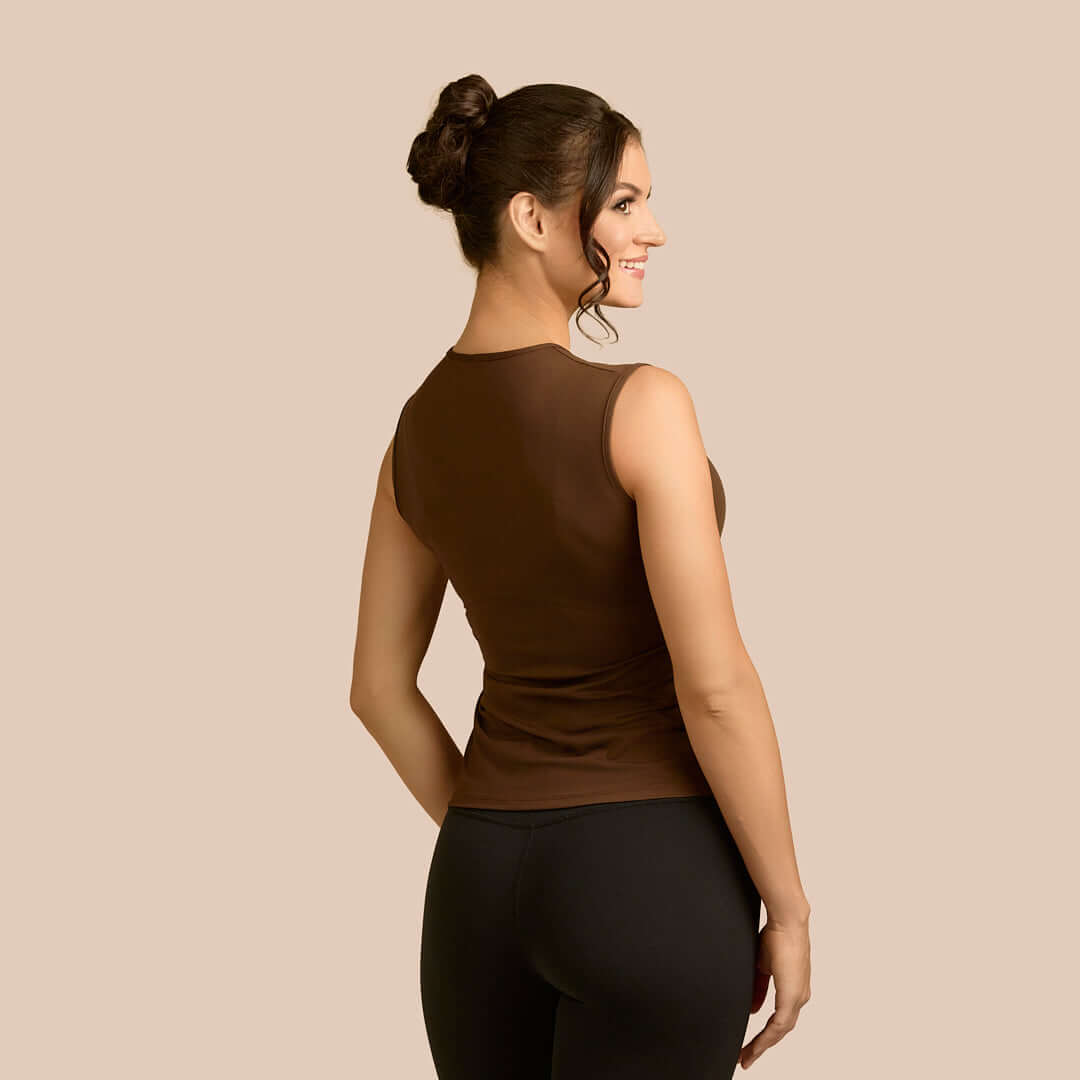 Sleeveless Crew Neck Luxury Layering Top or Shell in Chocolate made sustainably in the USA by Adea Clothing with silky soft Italian fabric back view.