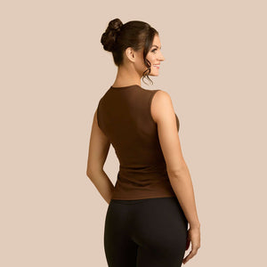 Sleeveless Crew Neck Luxury Layering Top or Shell in Chocolate made sustainably in the USA by Adea Clothing with silky soft Italian fabric back view.