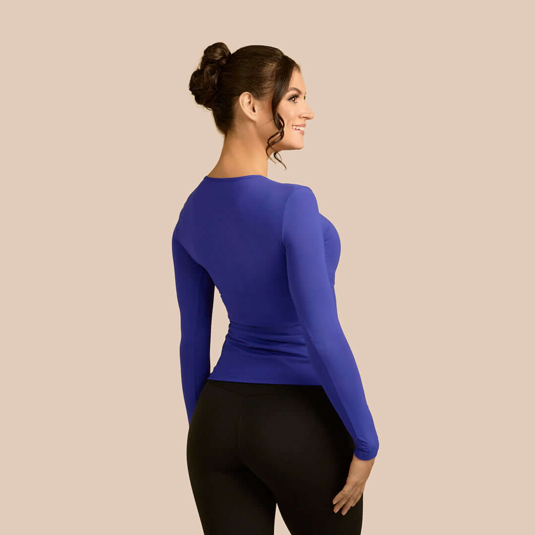 Long Sleeve Scoop Neck Luxury Layering Top or Shell in Plum made sustainably in the USA by Adea Clothing with silky soft Italian fabric back view.