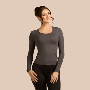 Long Sleeve Scoop Neck Luxury Layering Top or Shell in Charcoal made sustainably in the USA by Adea Clothing with silky soft Italian fabric front view.