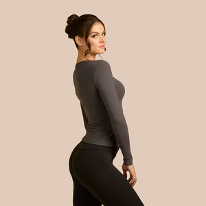 Long Sleeve Scoop Neck Luxury Layering Top or Shell in Charcoal made sustainably in the USA by Adea Clothing with silky soft Italian fabric side view.
