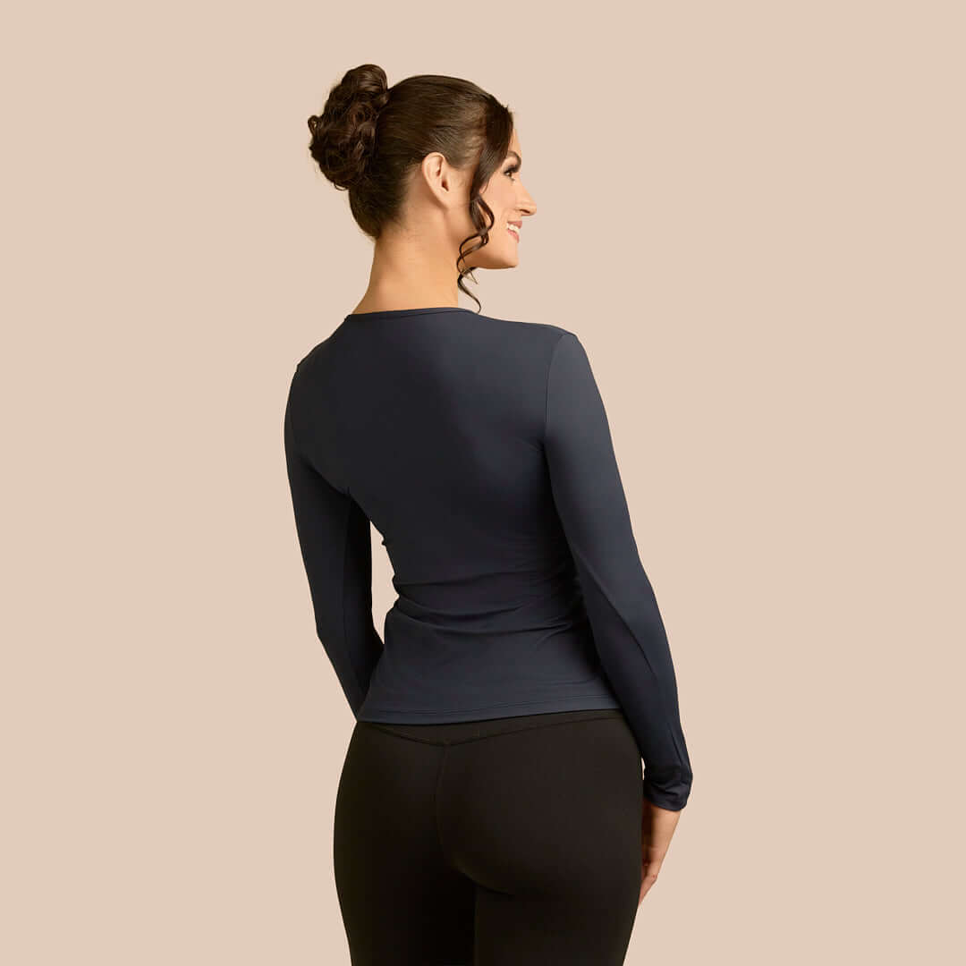 Long Sleeve Scoop Neck Luxury Layering Top or Shell in Dark Navy made sustainably in the USA by Adea Clothing with silky soft Italian fabric back view.