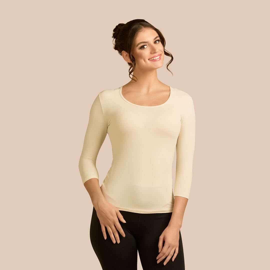 3/4 Sleeve Scoop Neck Luxury Layering Top or Shell in Off-White made sustainably in the USA by Adea Clothing with silky soft Italian fabric front view.