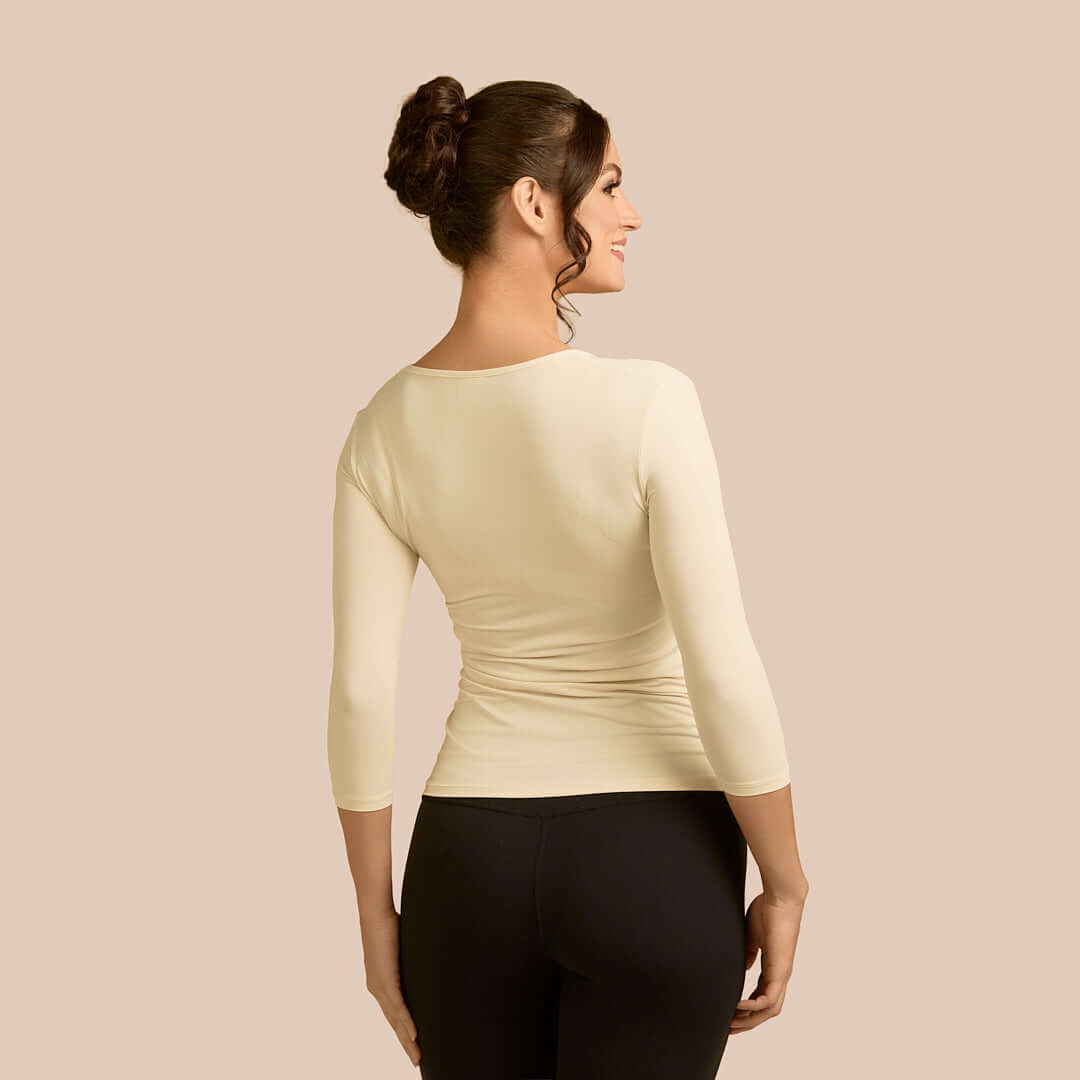 3/4 Sleeve Scoop Neck Luxury Layering Top or Shell in Off-White made sustainably in the USA by Adea Clothing with silky soft Italian fabric back view.
