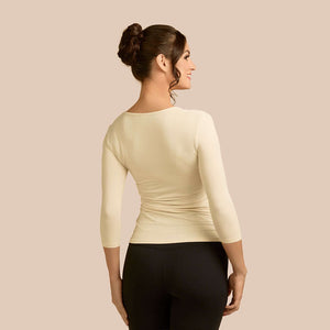 3/4 Sleeve Scoop Neck Luxury Layering Top or Shell in Off-White made sustainably in the USA by Adea Clothing with silky soft Italian fabric back view.