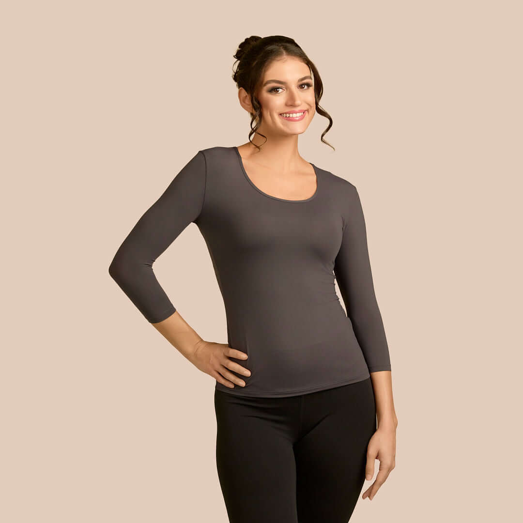 3/4 Sleeve Scoop Neck Luxury Layering Top or Shell in Charcoal made sustainably in the USA by Adea Clothing with silky soft Italian fabric front view.