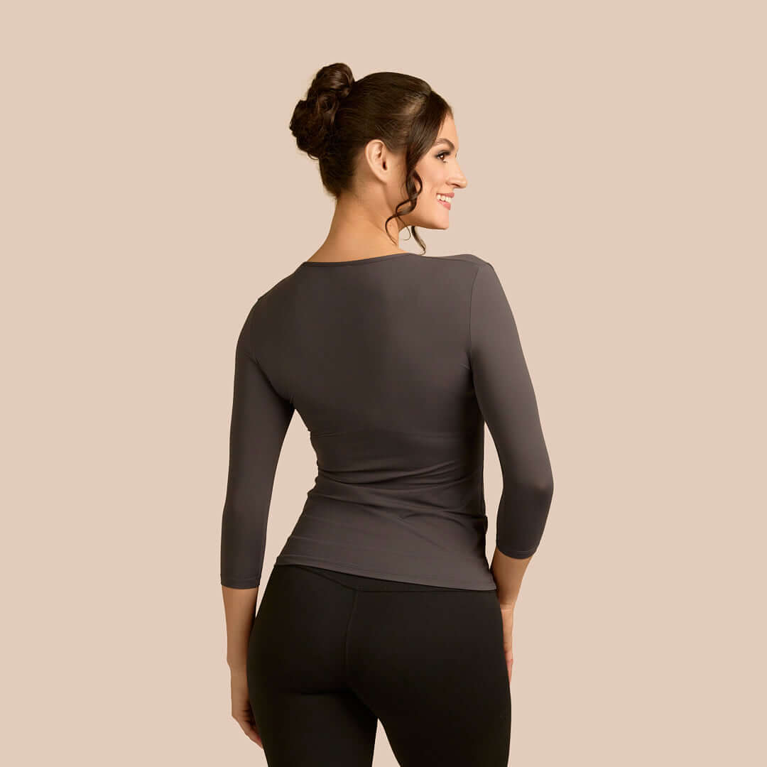 3/4 Sleeve Scoop Neck Luxury Layering Top or Shell in Charcoal made sustainably in the USA by Adea Clothing with silky soft Italian fabric back view.