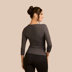3/4 Sleeve Scoop Neck Luxury Layering Top or Shell in Charcoal made sustainably in the USA by Adea Clothing with silky soft Italian fabric back view.